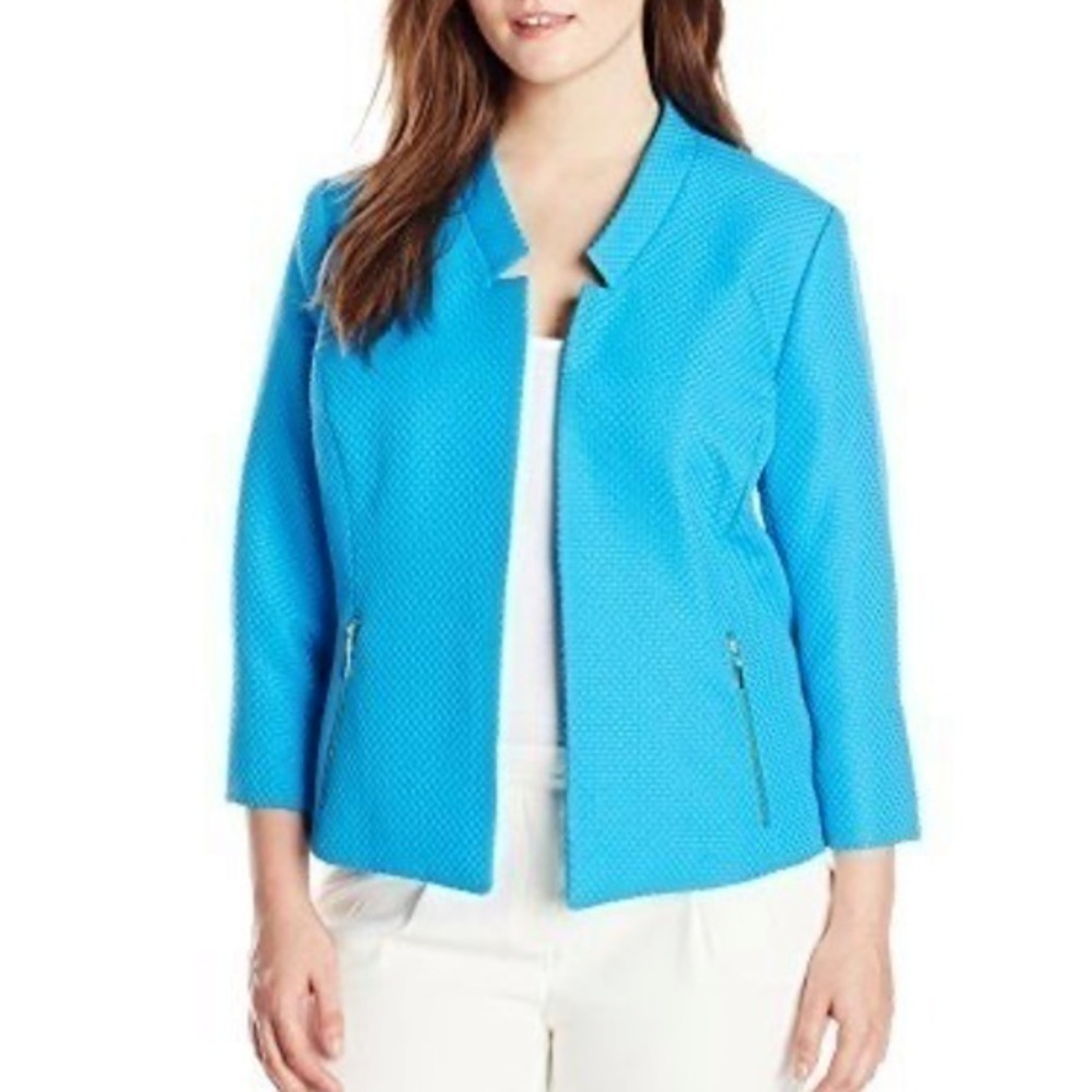 Kasper Blue Textured Open Front‎ Zip Pocket Jacket Size 8